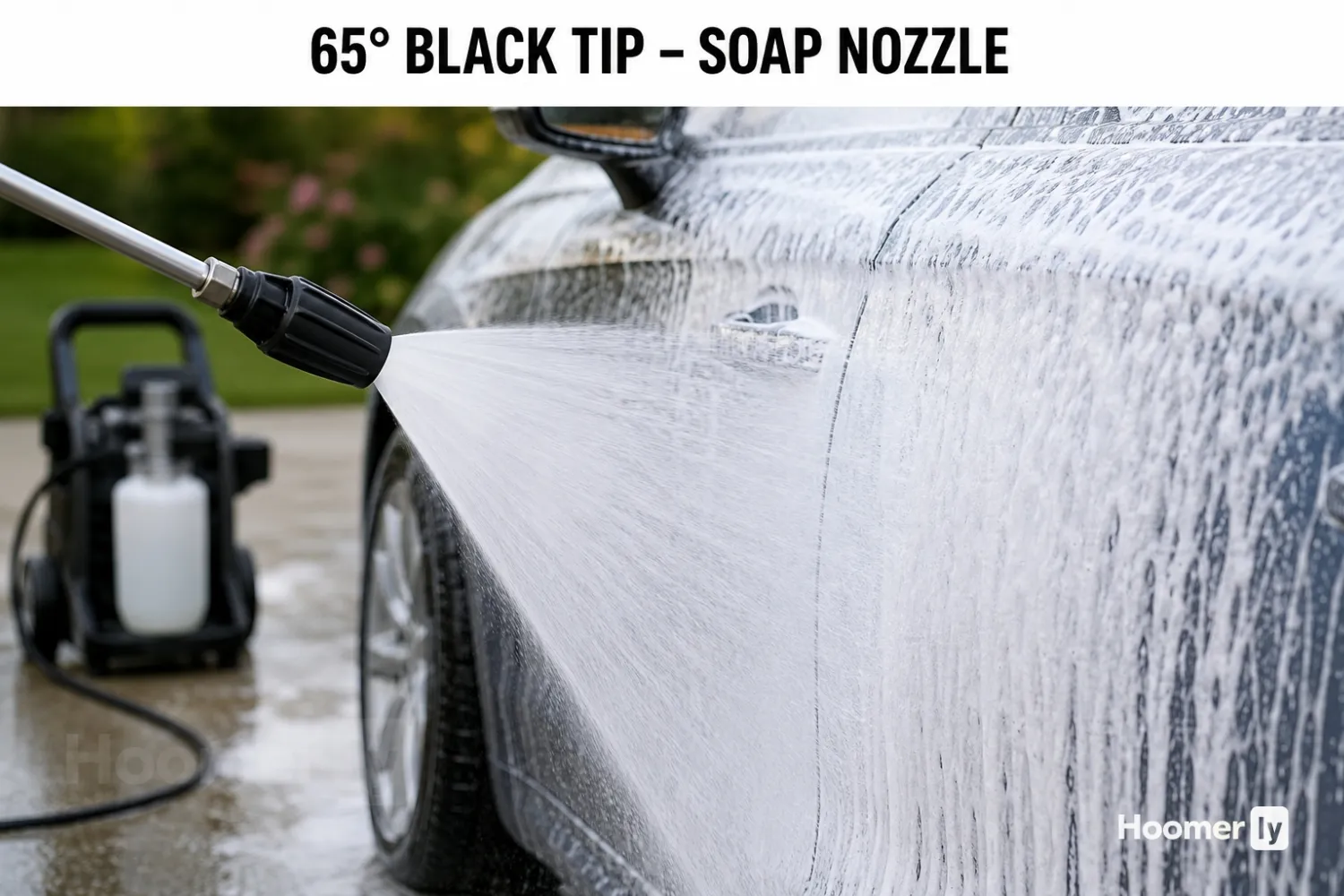 Pressure Washer Nozzles 101: Everything You Need To Know Black soap pressure washer nozzle applying foam detergent with a wide spray