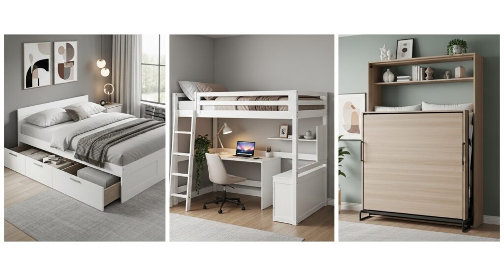 Bedroom Furniture for Small Rooms: Multifunctional storage bed, loft bed with integrated desk, and Murphy wall bed showing space-saving solutions.