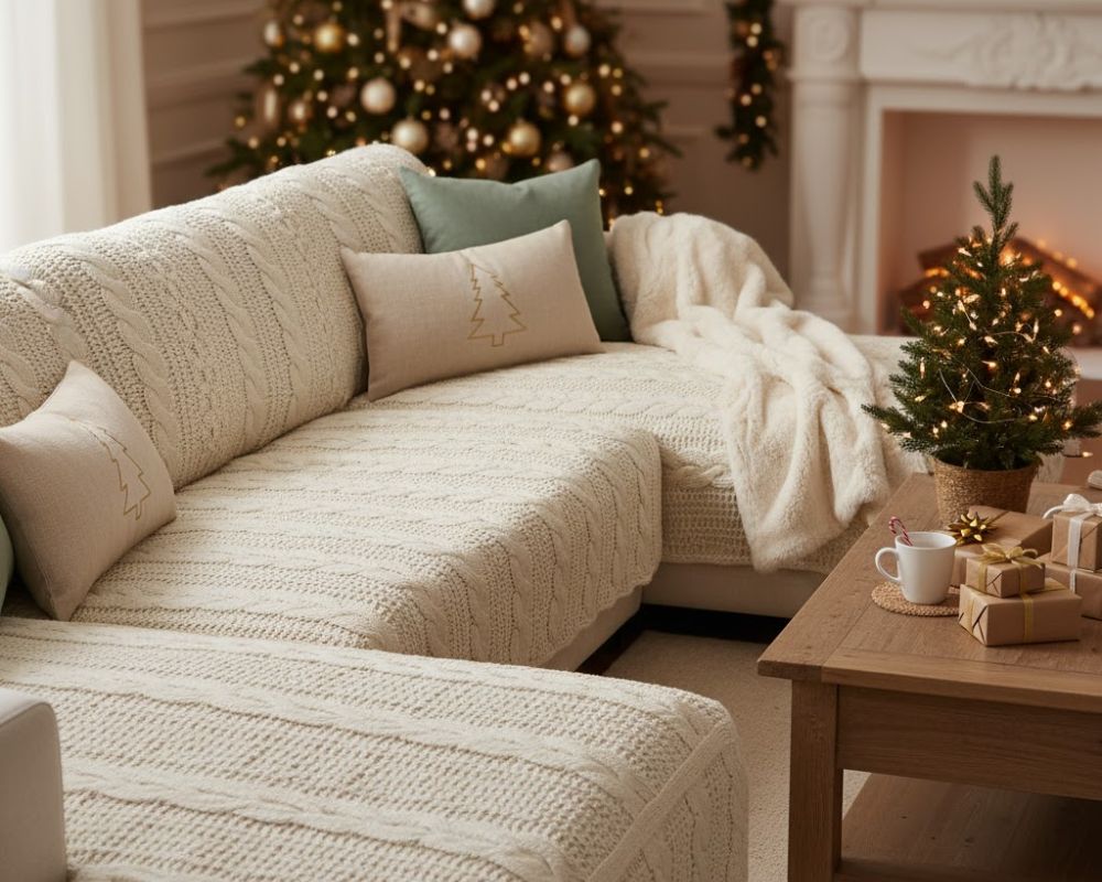 Amazing Christmas Couch Decor Ideas to Elevate Your Holiday Style Christmas Couch Cover - neutral knitted cover