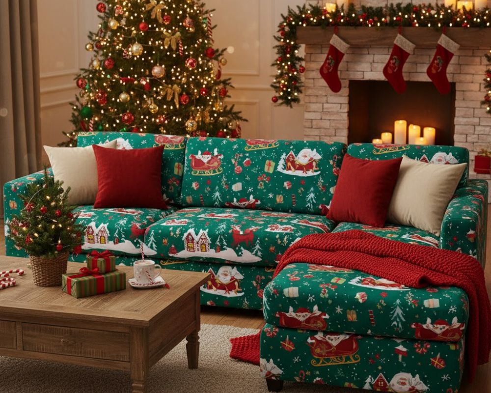 Amazing Christmas Couch Decor Ideas to Elevate Your Holiday Style Christmas Couch Cover with holiday print covers