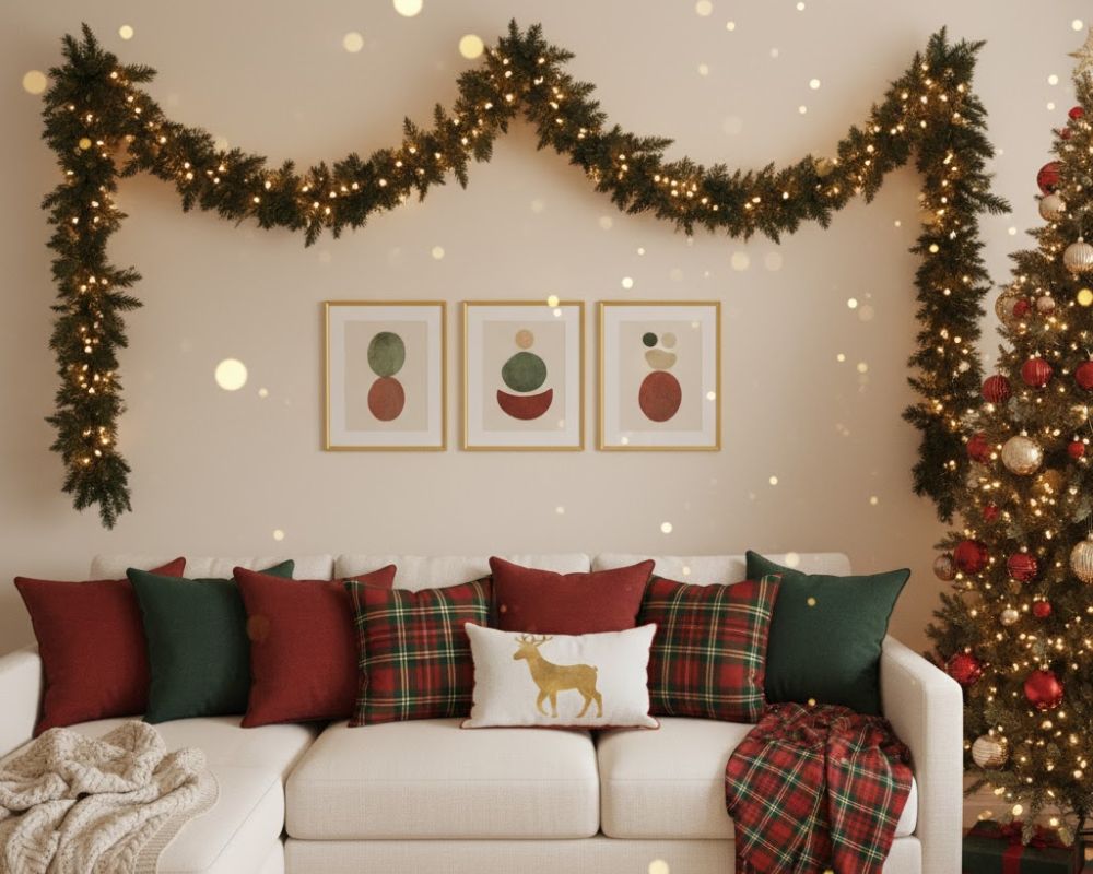Amazing Christmas Couch Decor Ideas to Elevate Your Holiday Style Christmas Decor Above Couch with green garland & lights