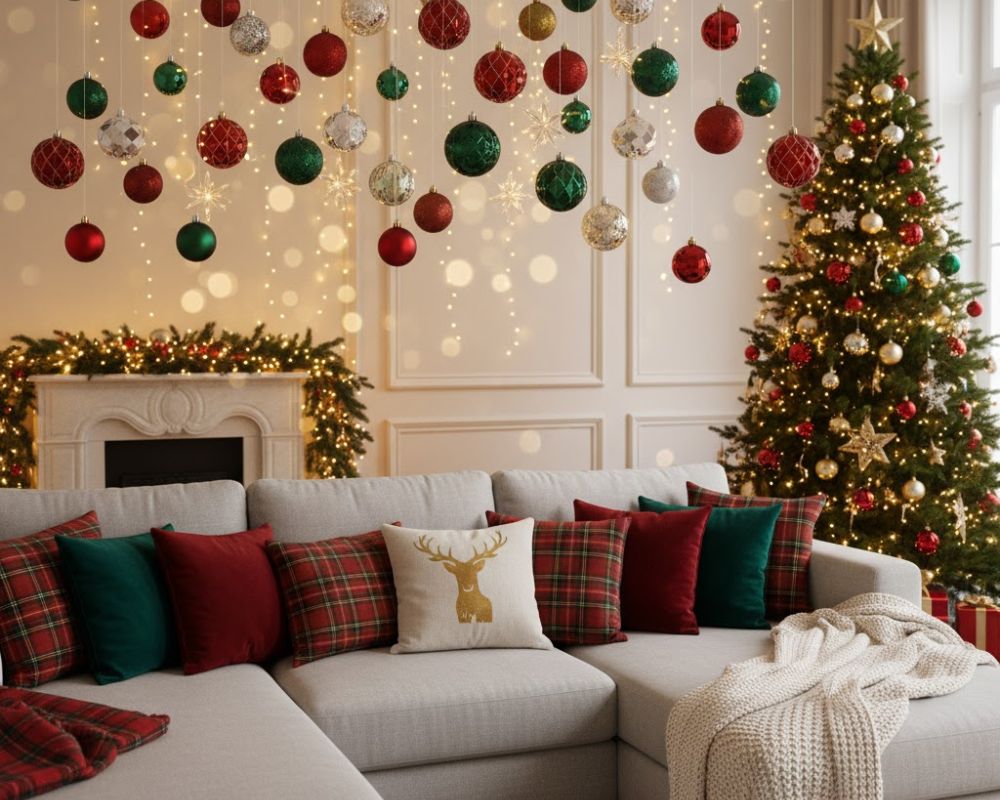 Amazing Christmas Couch Decor Ideas to Elevate Your Holiday Style Christmas Decor Above Couch - Hanging ornaments