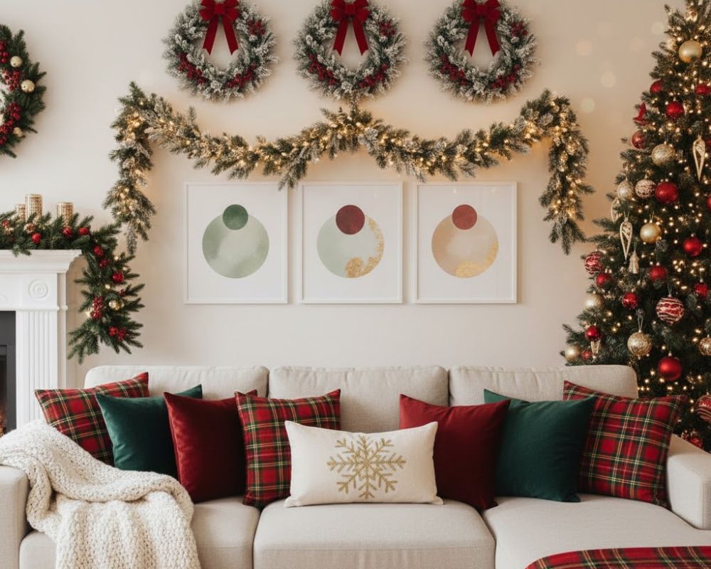 Amazing Christmas Couch Decor Ideas to Elevate Your Holiday Style Christmas Decor Above Couch with mini wreaths