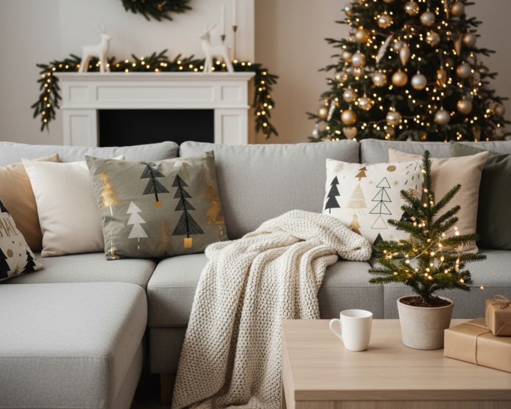 Amazing Christmas Couch Decor Ideas to Elevate Your Holiday Style Christmas Pillow for Couch Ideas - neutral or minimalist patterns
