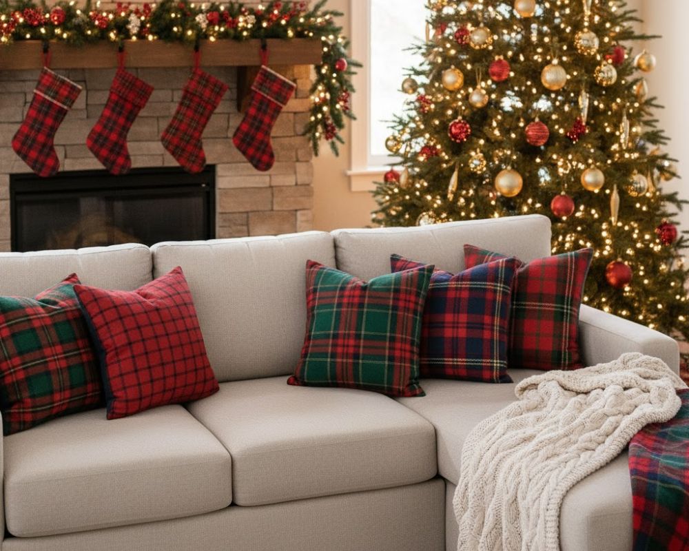 Amazing Christmas Couch Decor Ideas to Elevate Your Holiday Style Christmas Pillow for Couch Ideas - Tartan and Plaid