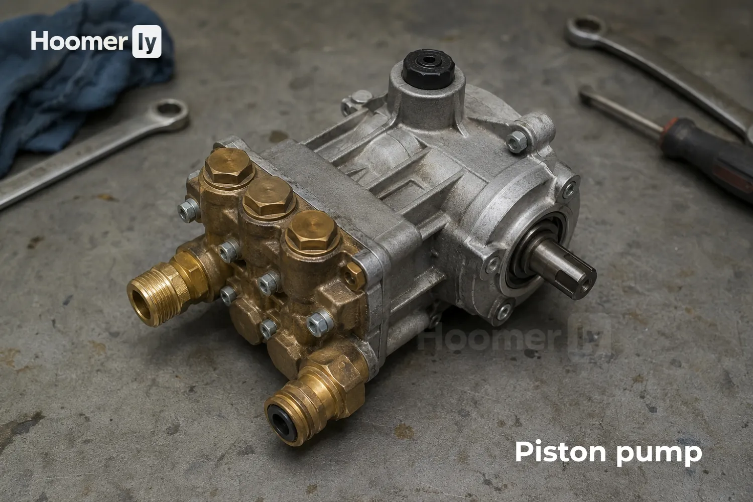 Compact pressure washer piston pump removed from a residential pressure washer