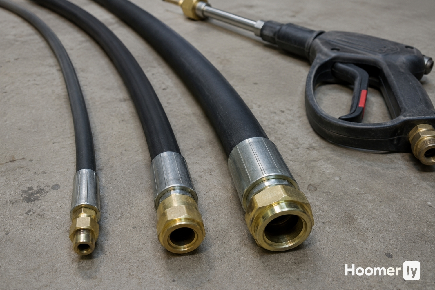 Different pressure washer hose diameters compared on a concrete floor