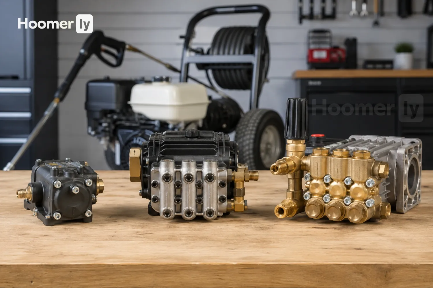 Different pressure washer pump types compared on a garage workbench