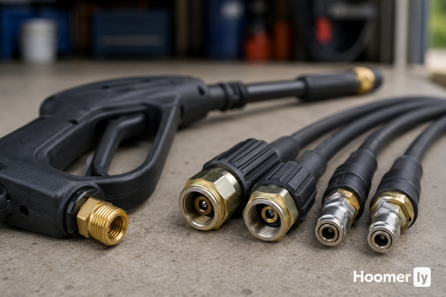 Pressure washer hose M22 and quick connect fittings close up