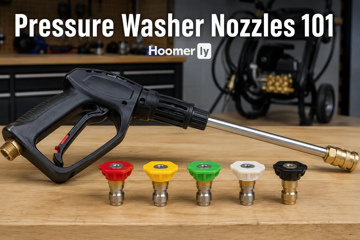 Pressure Washer Nozzles 101: Everything You Need To Know Pressure washer spray gun with red yellow green white and black nozzle tips