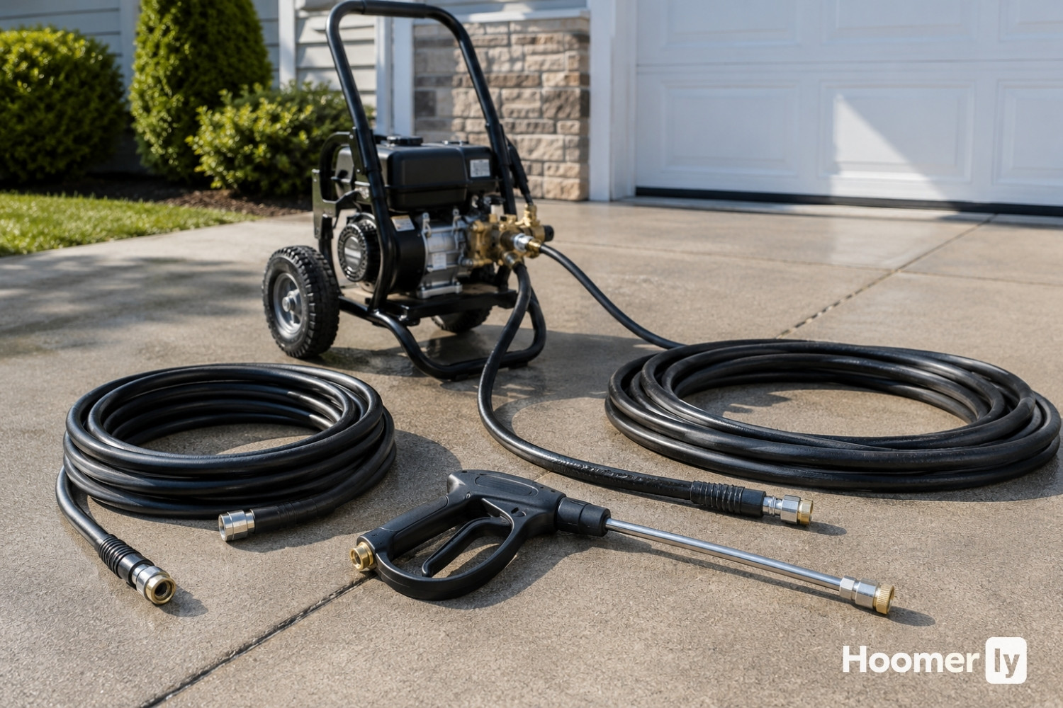 Pressure washer with replacement and extension hoses on a driveway