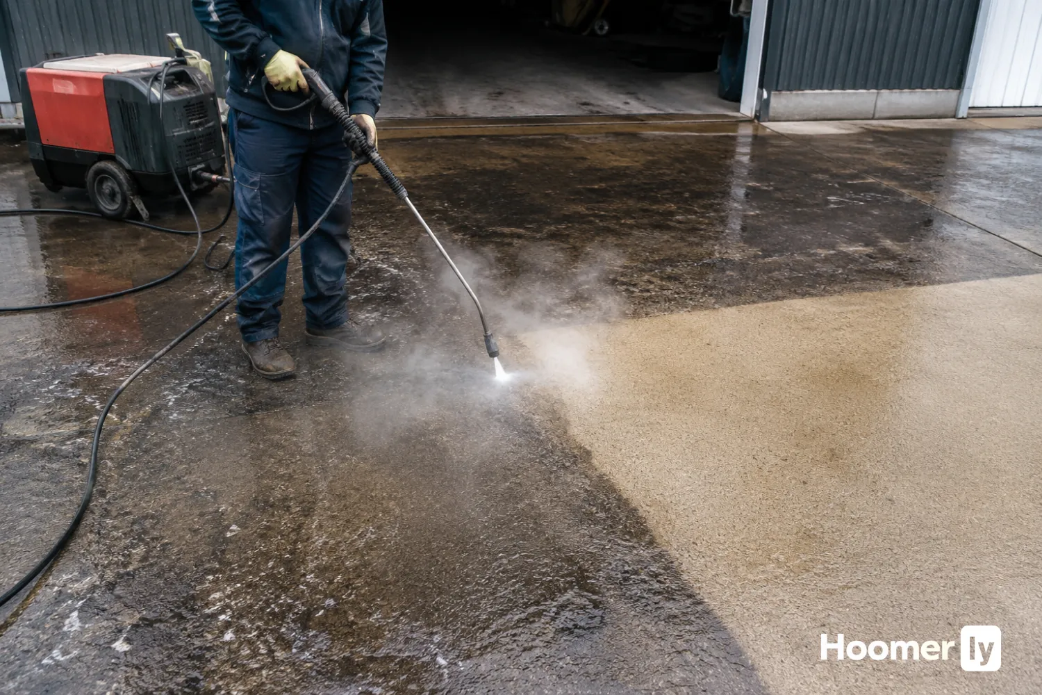 Pressure washing an industrial concrete surface hoomerly