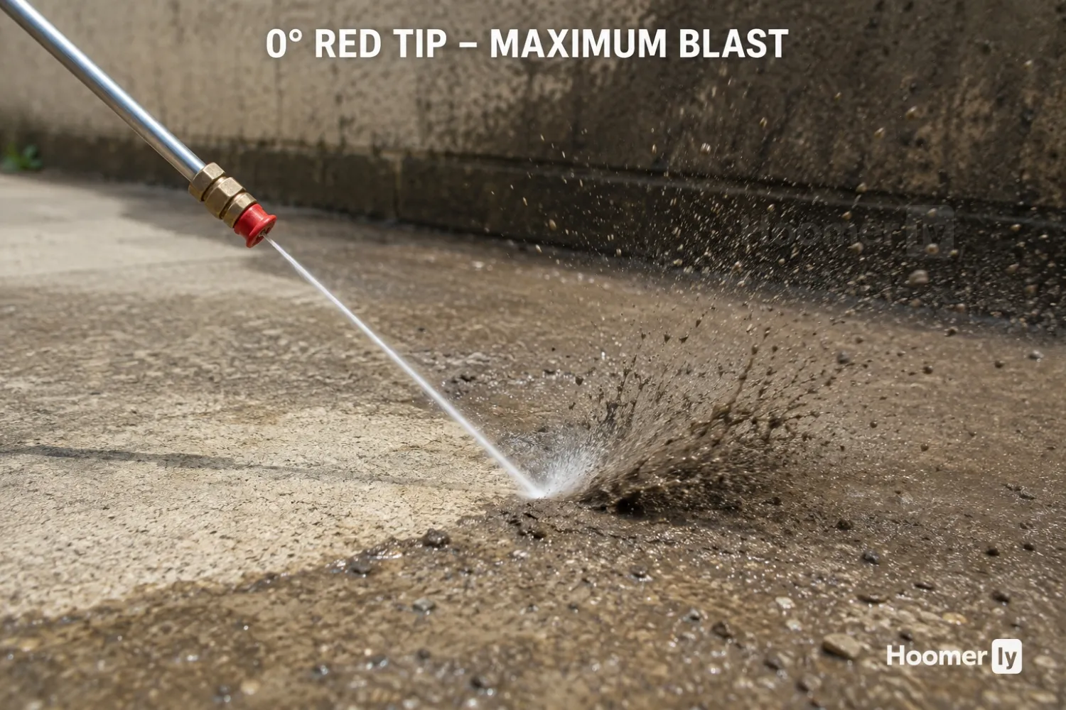 Pressure Washer Nozzles 101: Everything You Need To Know Red 0 degree pressure washer nozzle blasting a narrow jet on dirty concrete