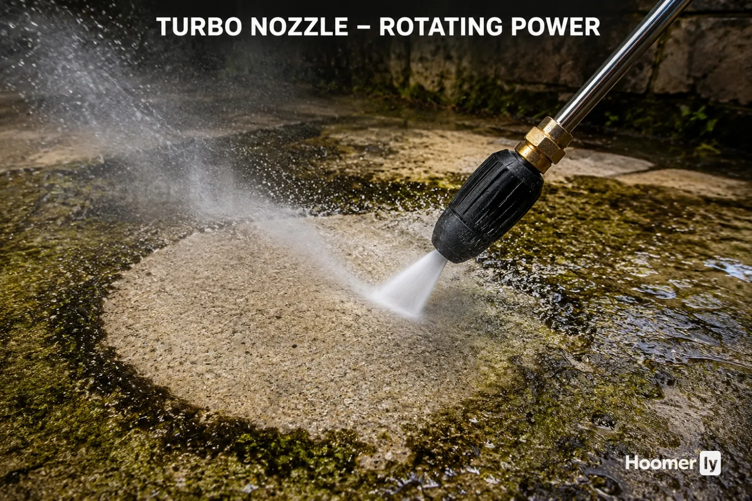 Pressure Washer Nozzles 101: Everything You Need To Know Turbo rotary pressure washer nozzle removing moss and grime from concrete