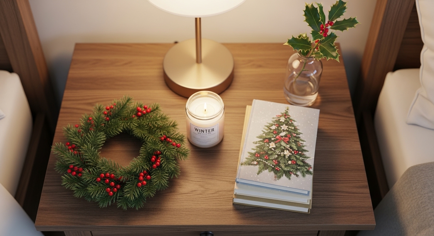Christmas Bedroom Ideas to Create a Cozy Holiday Space A beautifully styled nightstand with a mini Christmas wreath and festive candle.