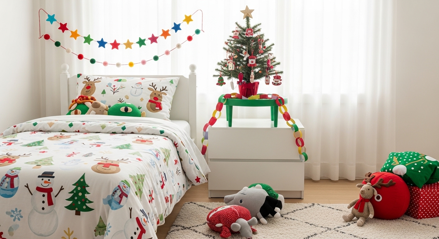 Christmas Bedroom Ideas to Create a Cozy Holiday Space A playful, colorful kids' bedroom decorated with fun Christmas themes.