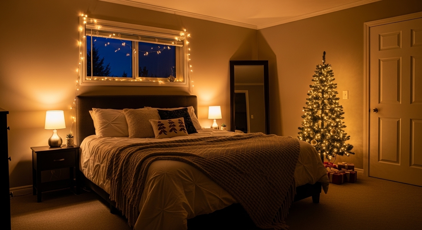 Christmas Bedroom Ideas to Create a Cozy Holiday Space A magical Christmas bedroom illuminated by soft string lights and ambient glows.