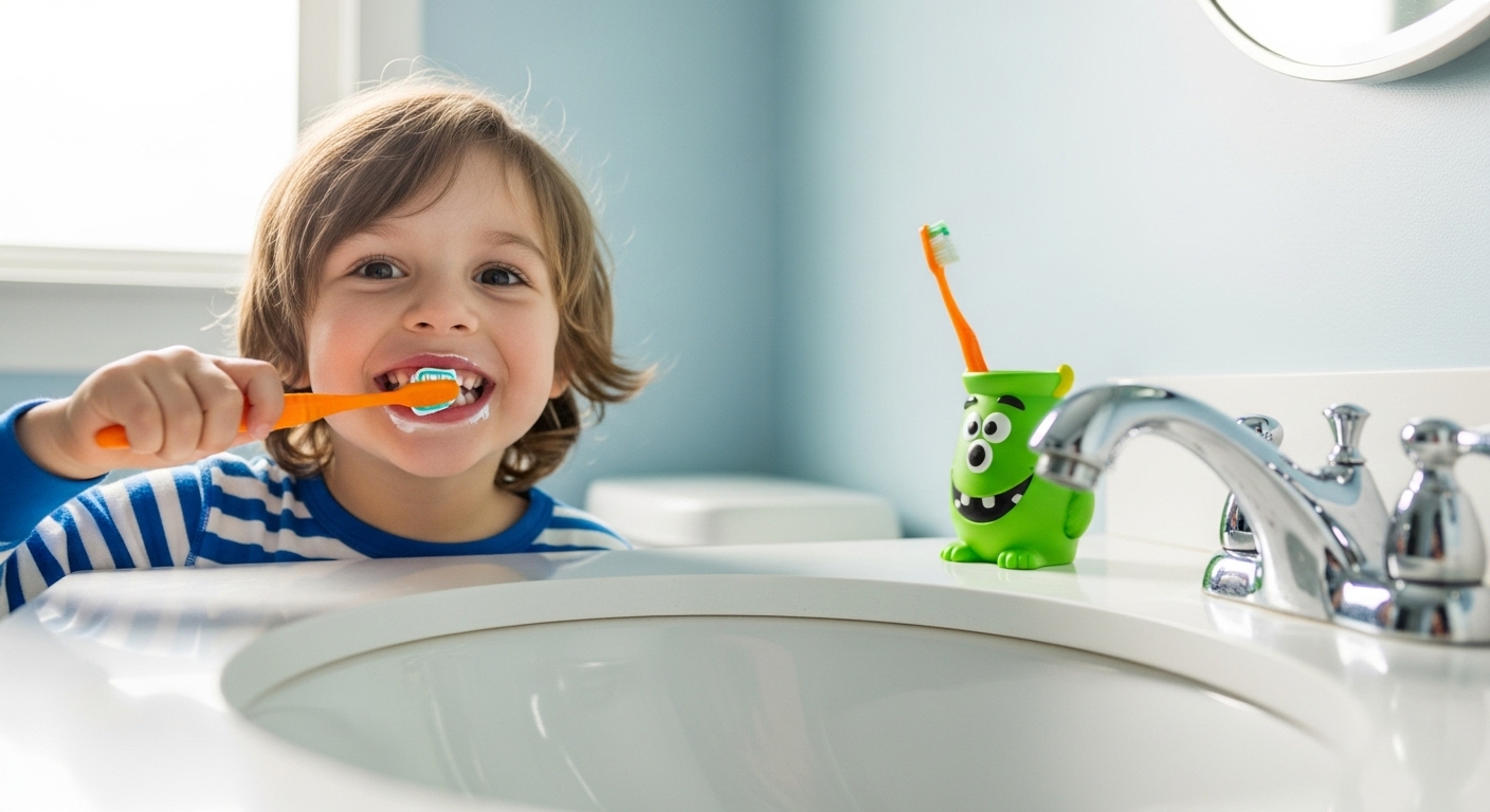 A child easily reaching a traditional height vanity in a bright bathroom.