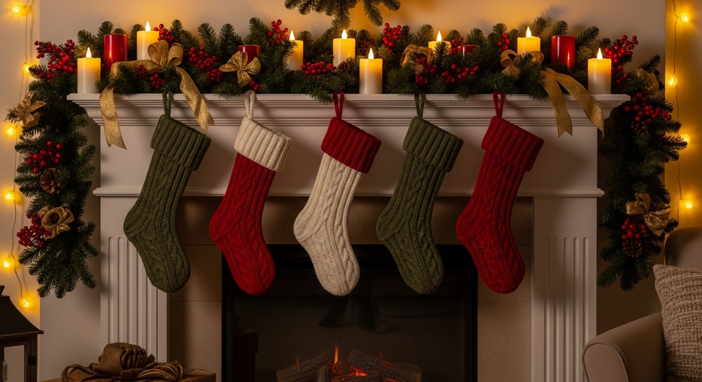 Cozy living room mantel decorated with garland, stockings, and warm lights.