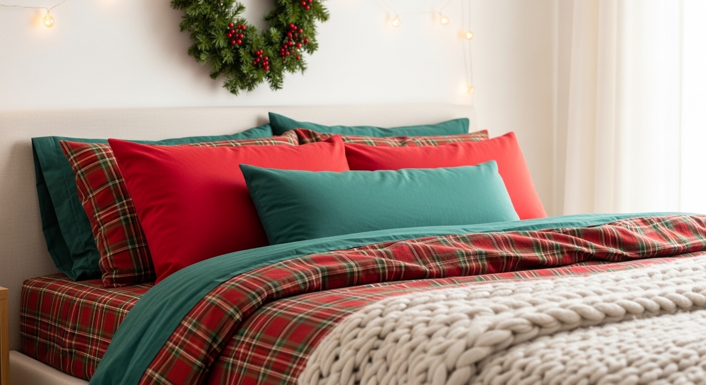 Christmas Bedroom Ideas to Create a Cozy Holiday Space A bedroom decorated with classic red and green Christmas plaid textiles.