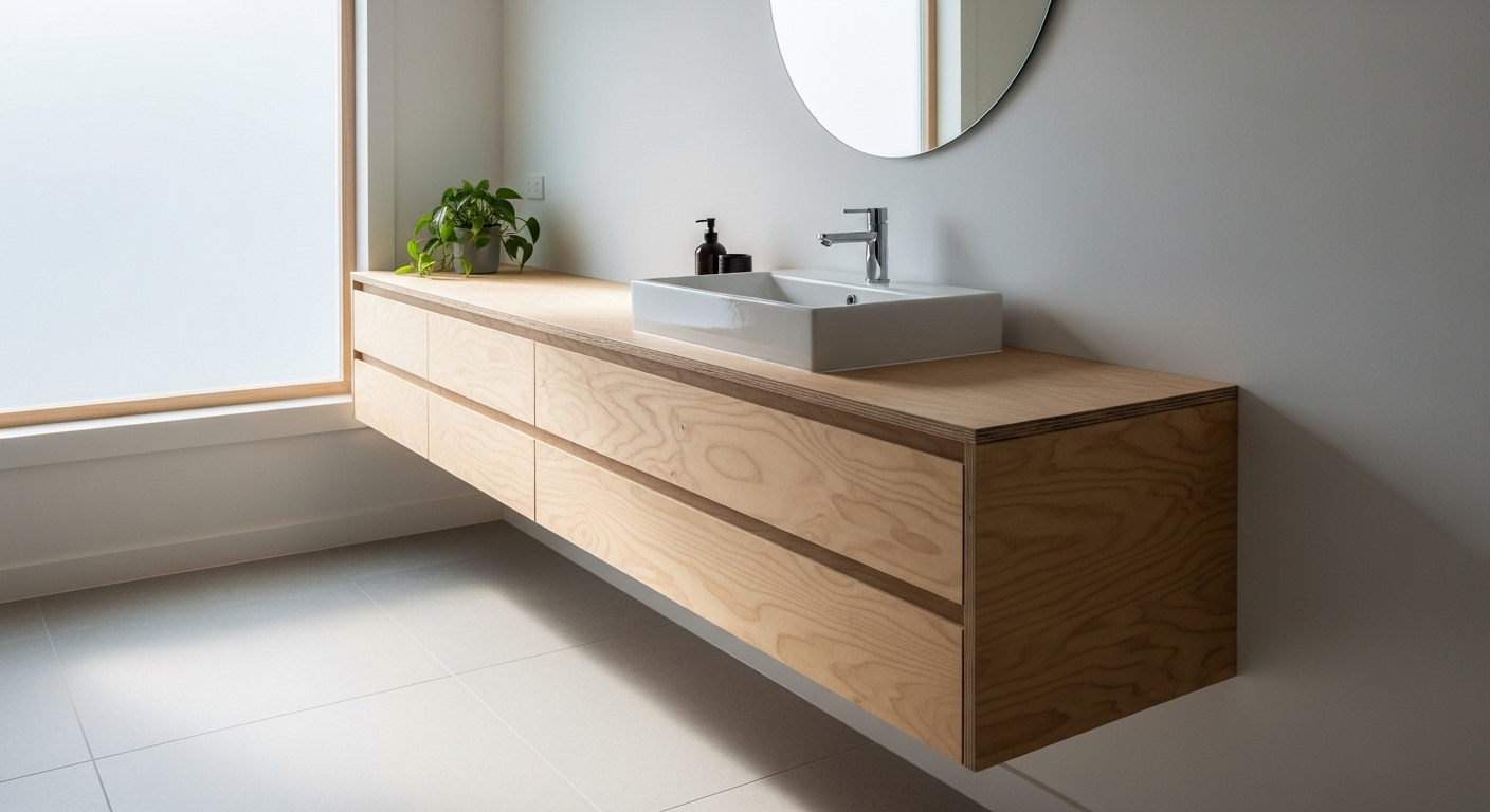 A contemporary minimalist bathroom featuring a sleek light plywood floating vanity.