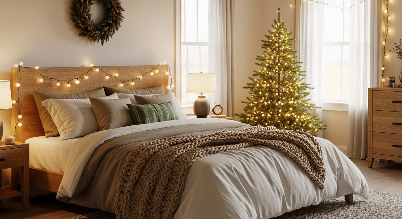 Christmas Bedroom Ideas to Create a Cozy Holiday Space A beautifully decorated cozy bedroom with warm Christmas lighting and comfortable bedding.