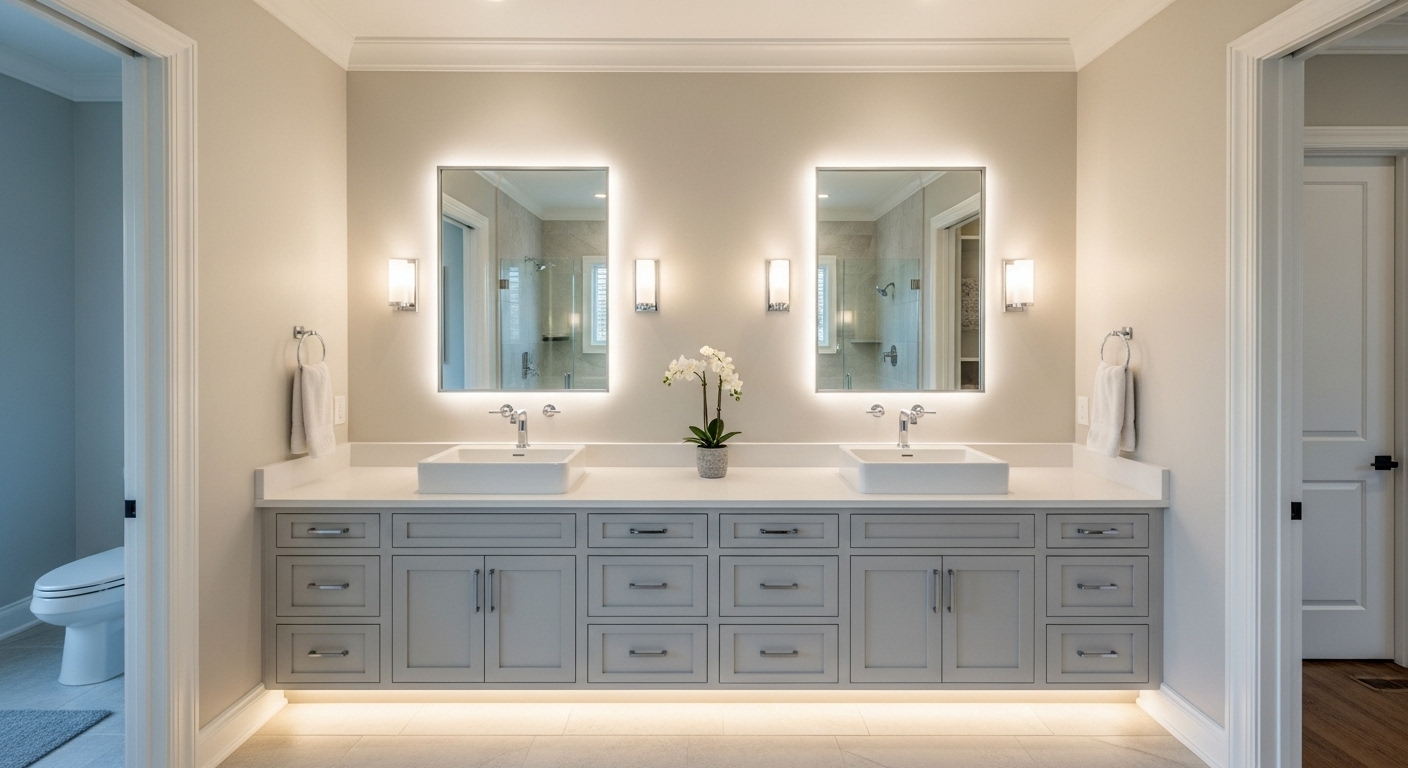 Two individual rectangular mirrors elegantly placed above a modern double vanity.