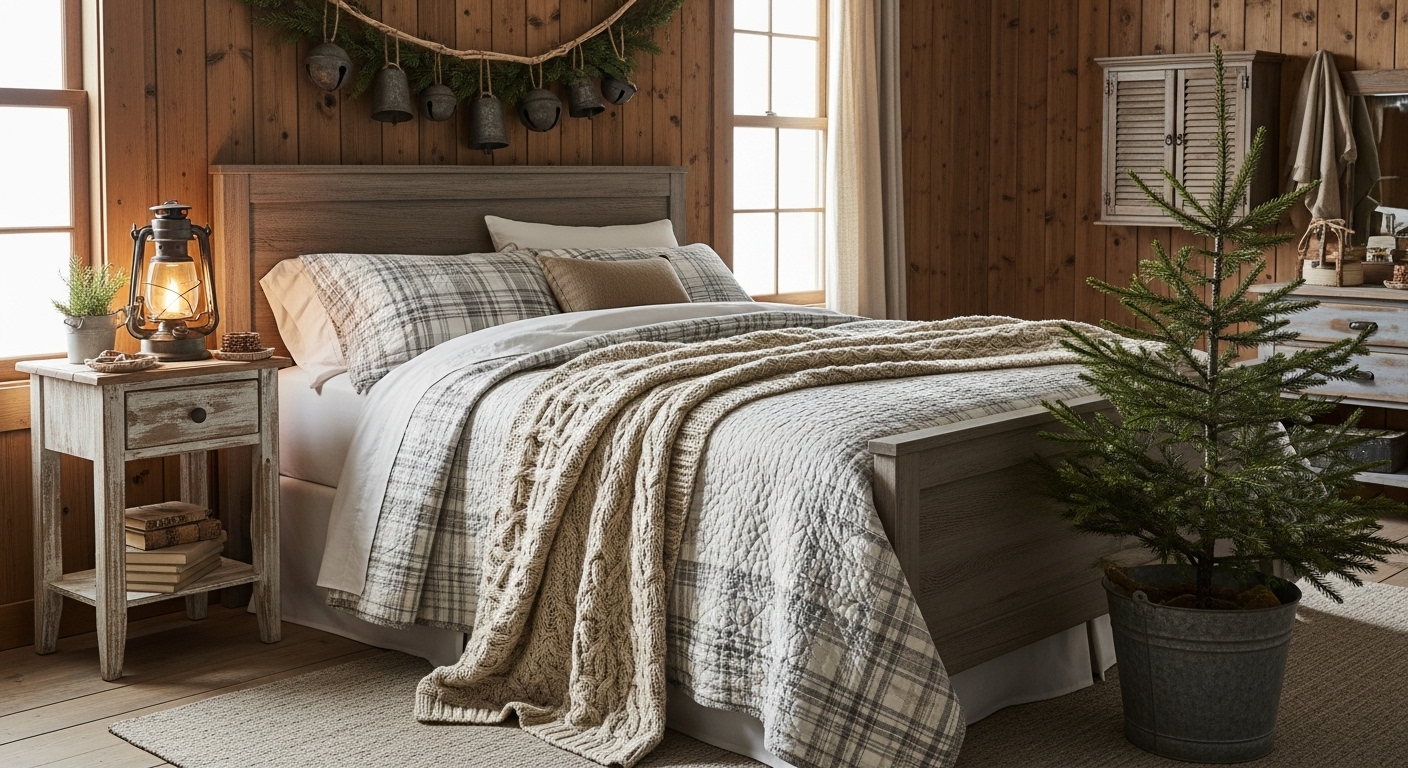 Christmas Bedroom Ideas to Create a Cozy Holiday Space A rustic farmhouse bedroom with warm wooden accents and cozy Christmas decor.