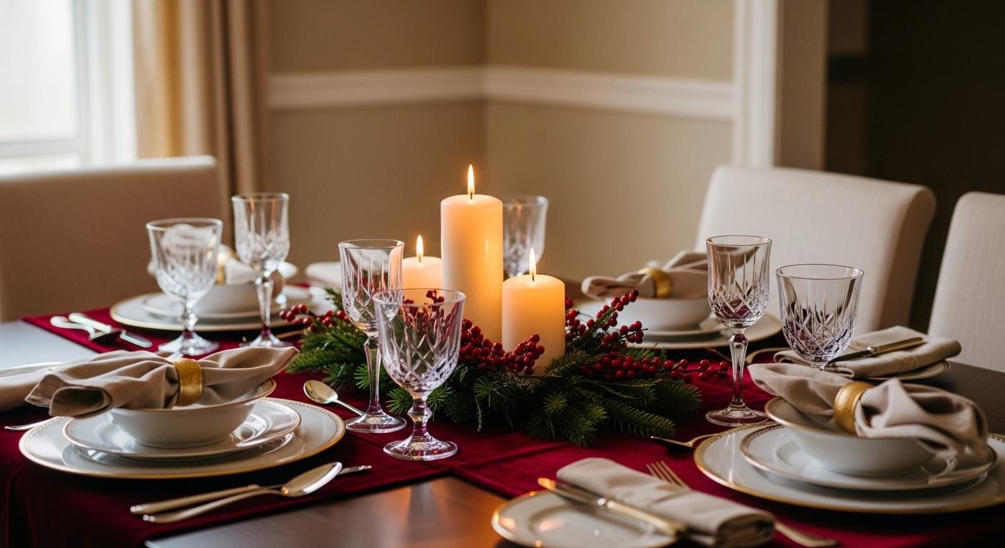 Elegant dining table set for Christmas with a beautiful centerpiece.