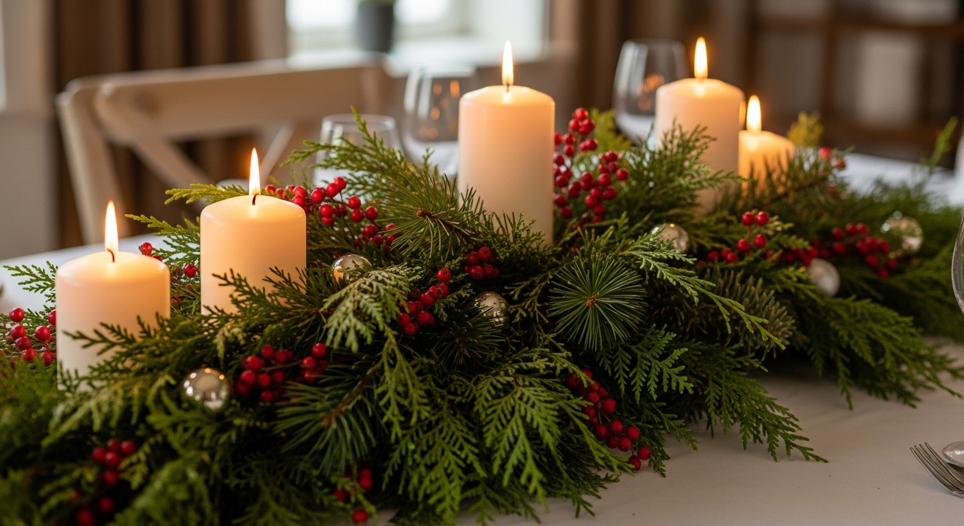 Christmas Dining Table Decor Ideas for a Festive Holiday Look A stunning Christmas centerpiece with fresh greenery and warm glowing candles.