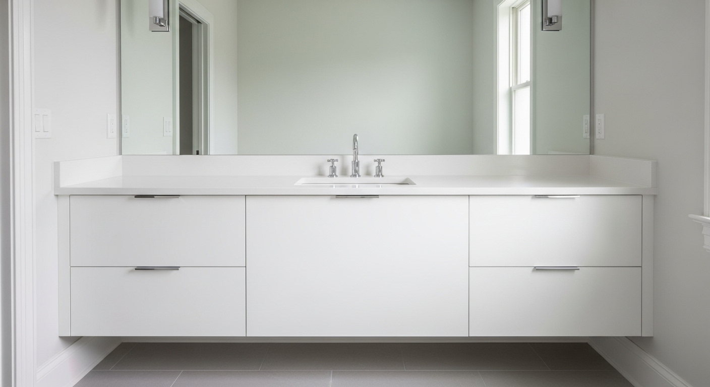 A bright clean transitional bathroom featuring a sleek white thermofoil vanity.