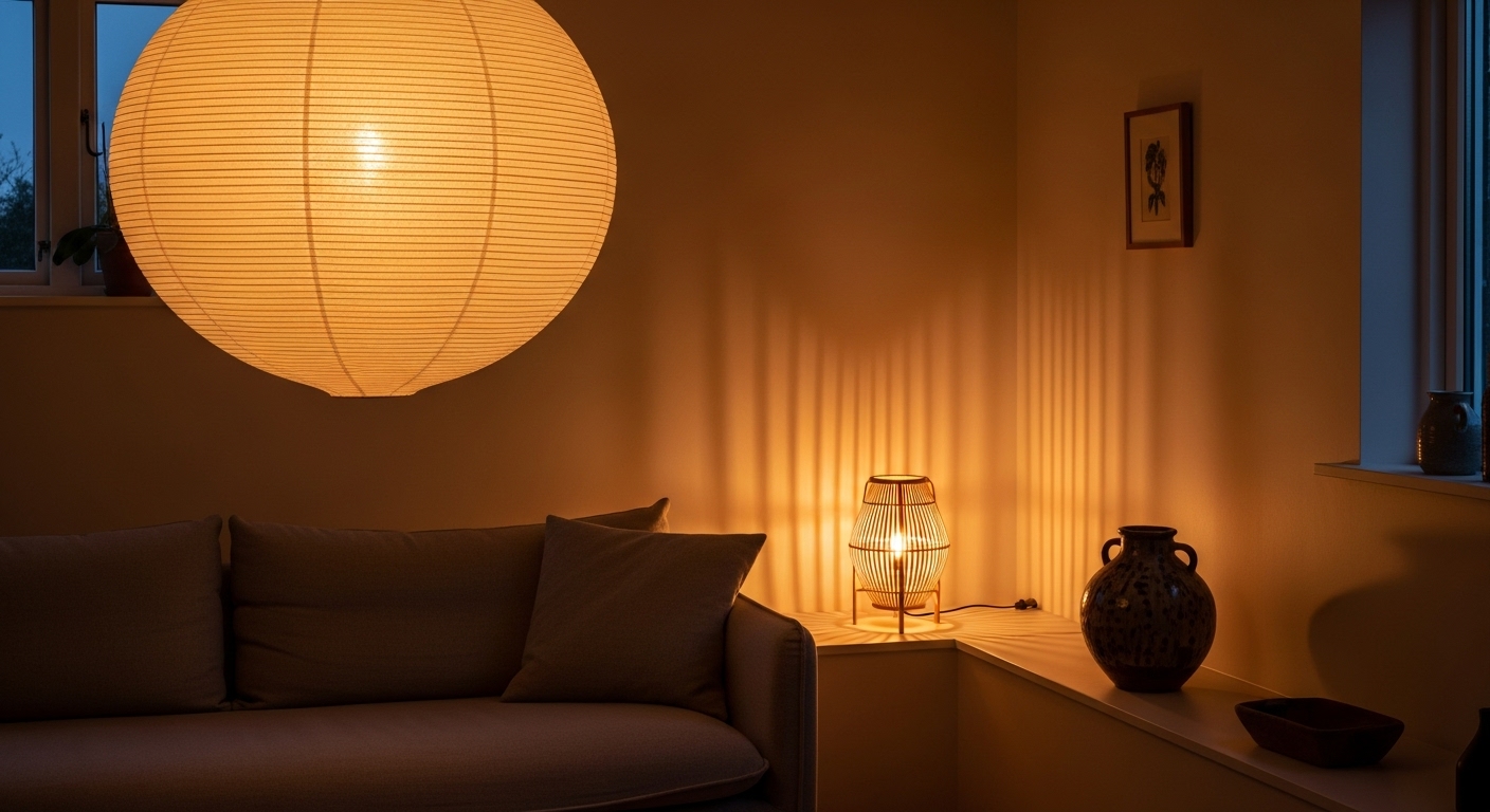 Japandi living room glowing with warm layered lighting at dusk.