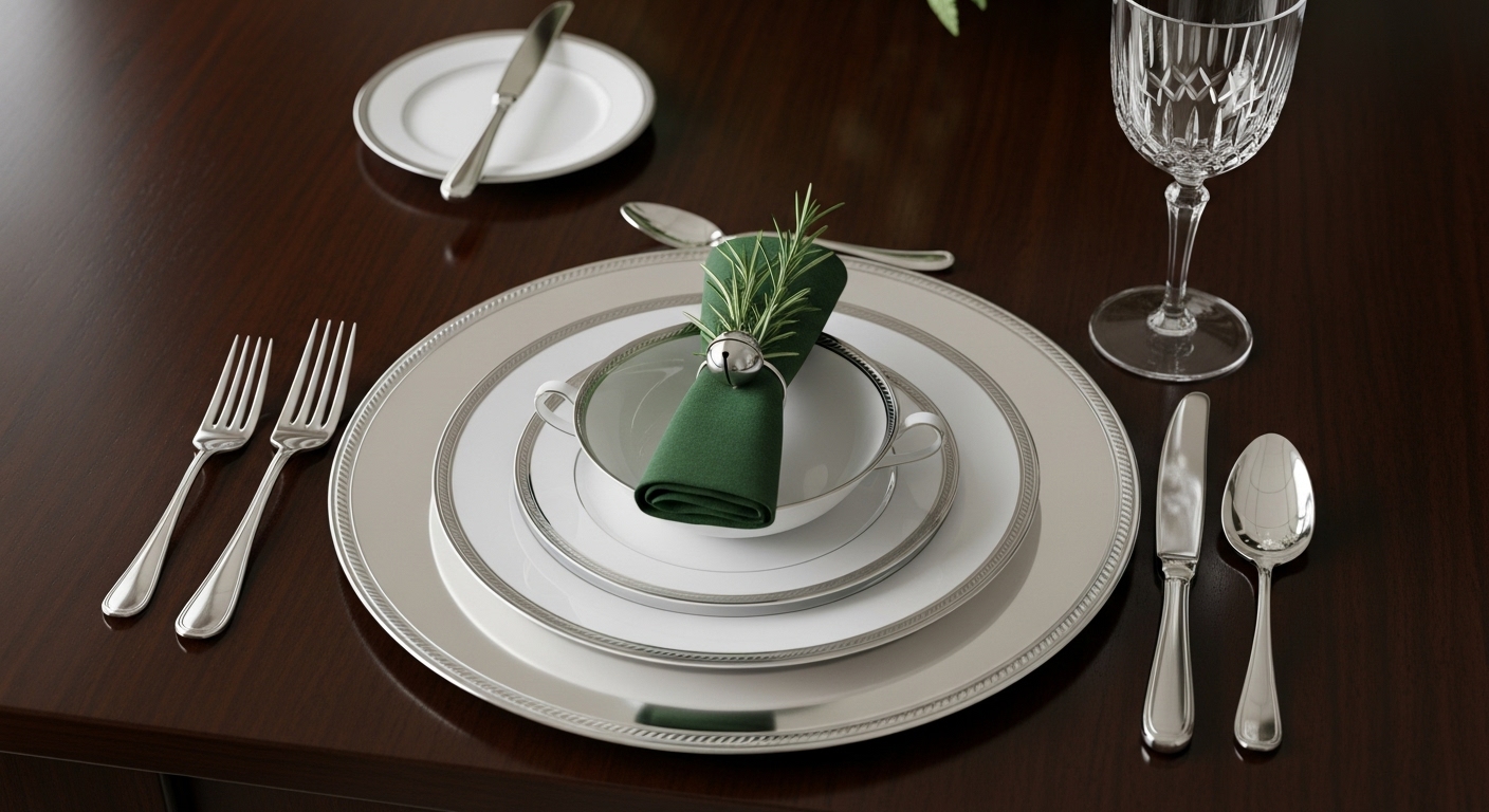 Christmas Dining Table Decor Ideas for a Festive Holiday Look A meticulously layered Christmas place setting with elegant dinnerware and napkin.