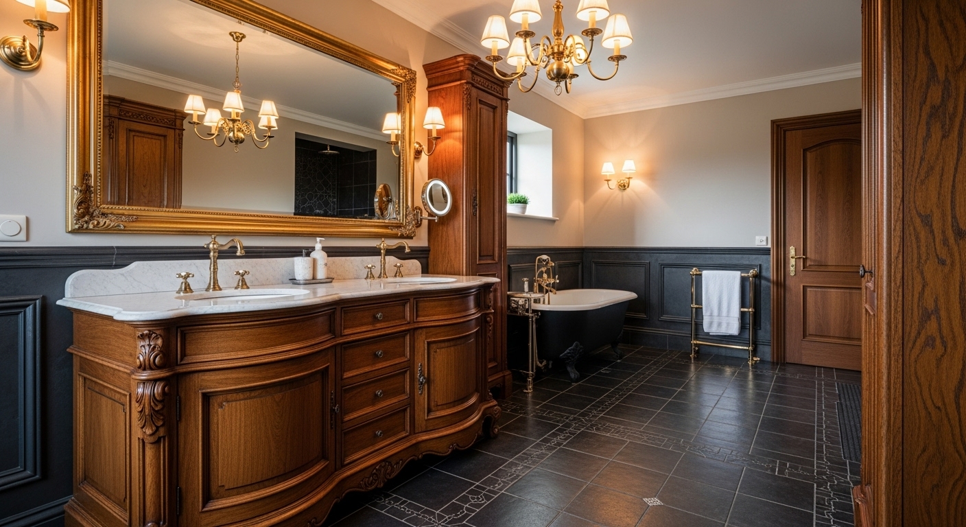 A luxurious traditional bathroom showcasing a beautiful solid oak double vanity.