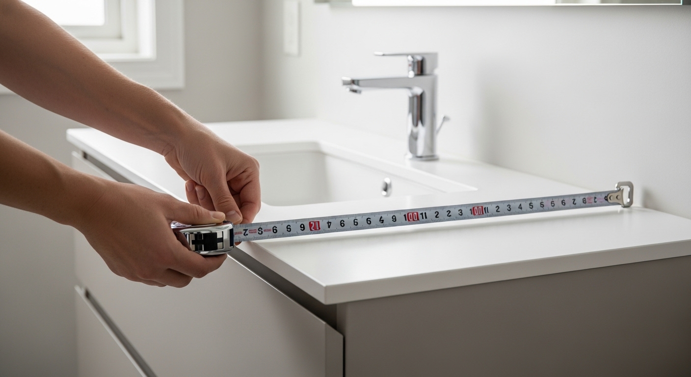 A person accurately measuring the depth of a modern bathroom vanity cabinet.