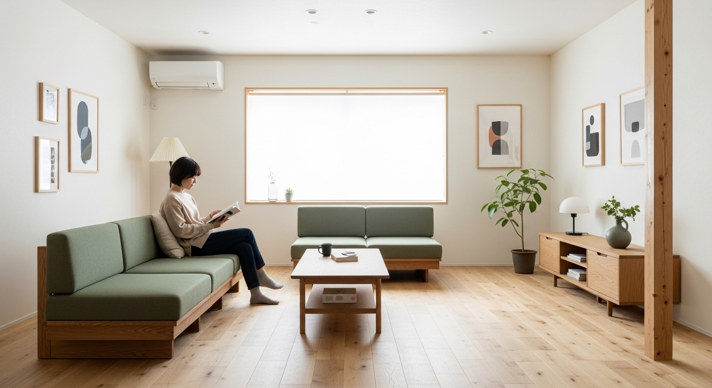 Open-plan Japandi living room with minimalist furniture and natural light.