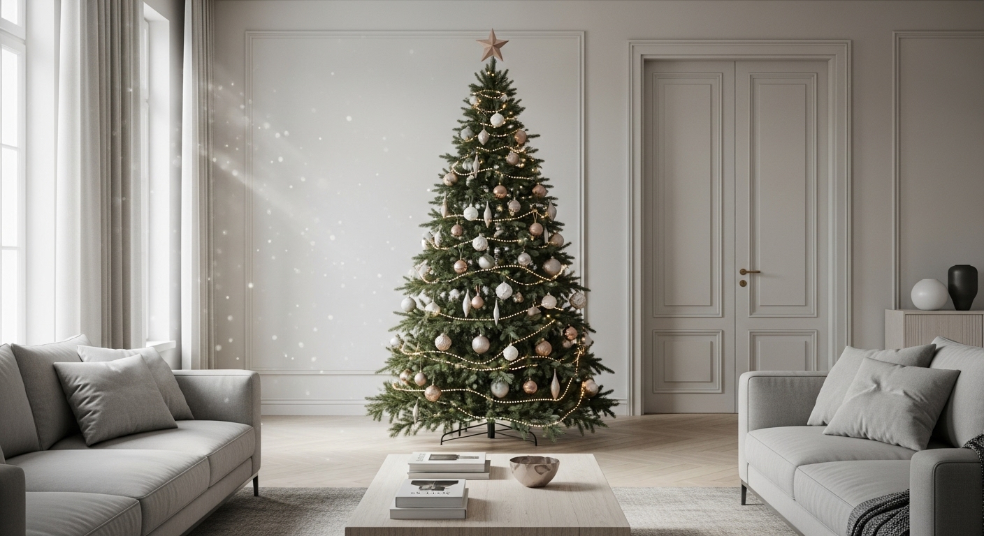 Contemporary Christmas tree with sleek metallic geometric ornaments in a modern setting.