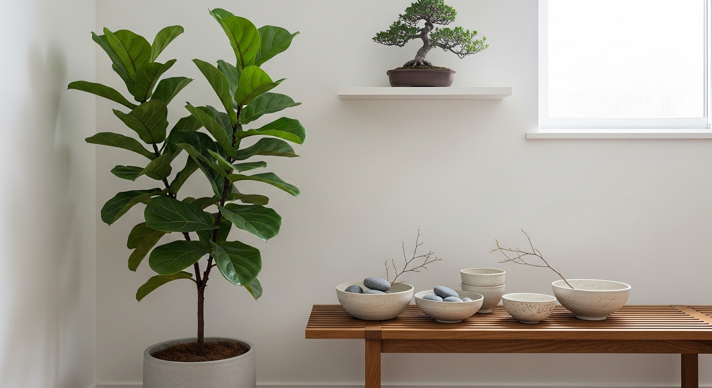 Japandi living room corner with plants and handmade ceramic decor.