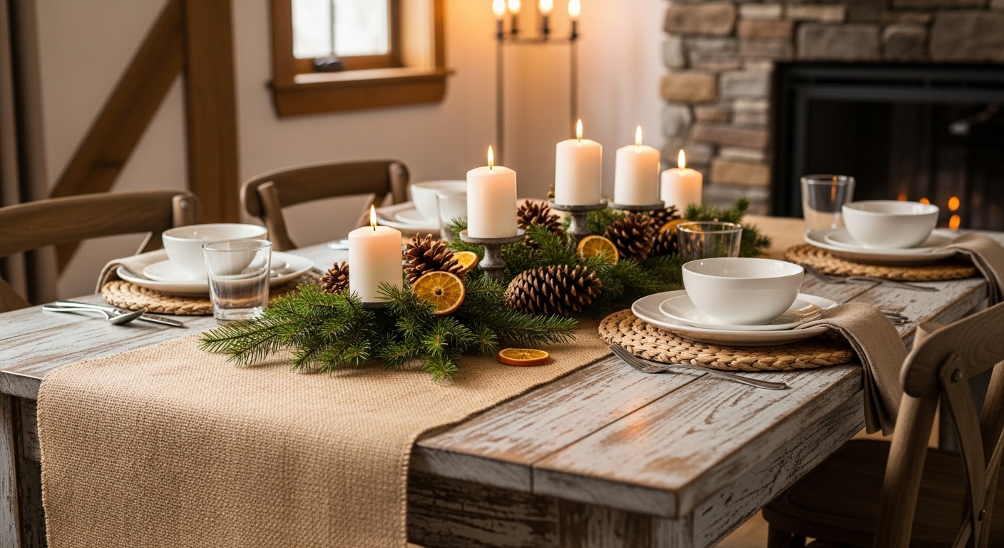Christmas Dining Table Decor Ideas for a Festive Holiday Look A cozy rustic farmhouse Christmas dining table with natural decor.