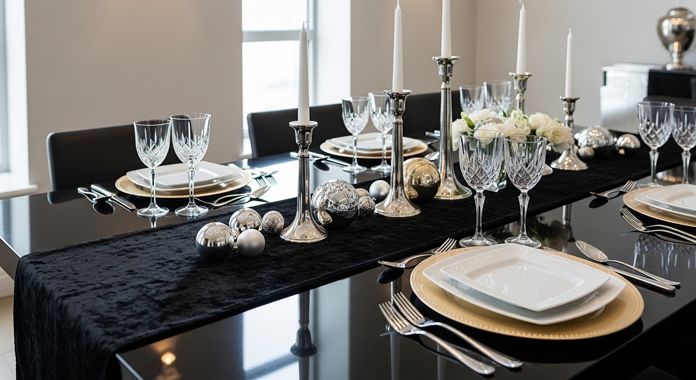 Christmas Dining Table Decor Ideas for a Festive Holiday Look An elegant modern luxe Christmas table with glam metallic accents.