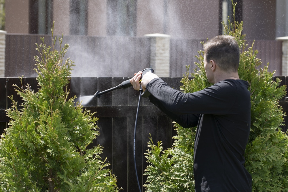 Pressure washing fence over bushes