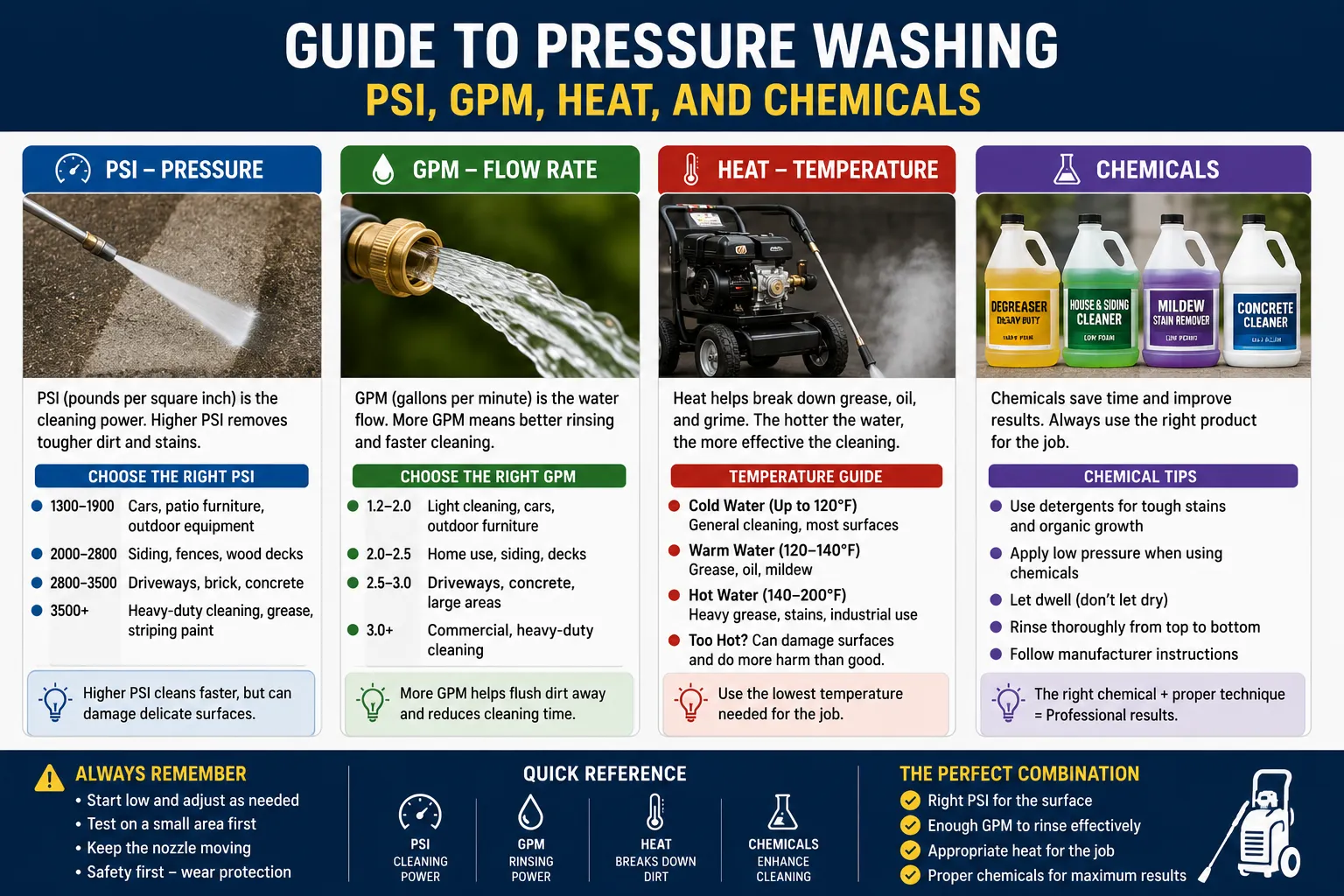 Guide to Pressure Washing PSI, GPM, Heat, and Chemicals