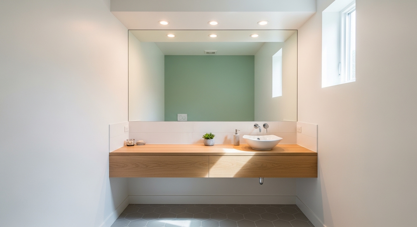 A sleek shallow 18-inch deep vanity in a compact, brightly lit powder room.