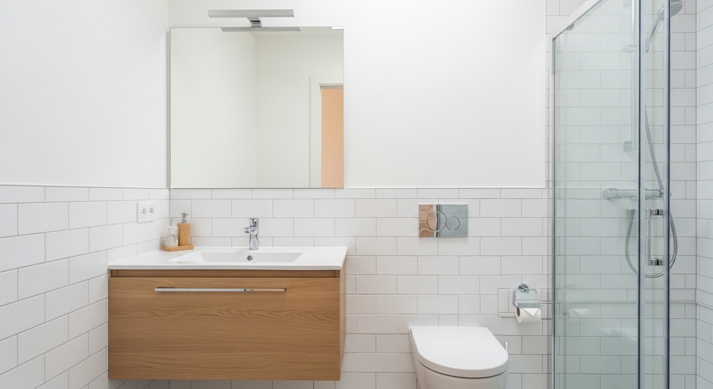 A small modern bathroom appears larger with a well-sized mirror.