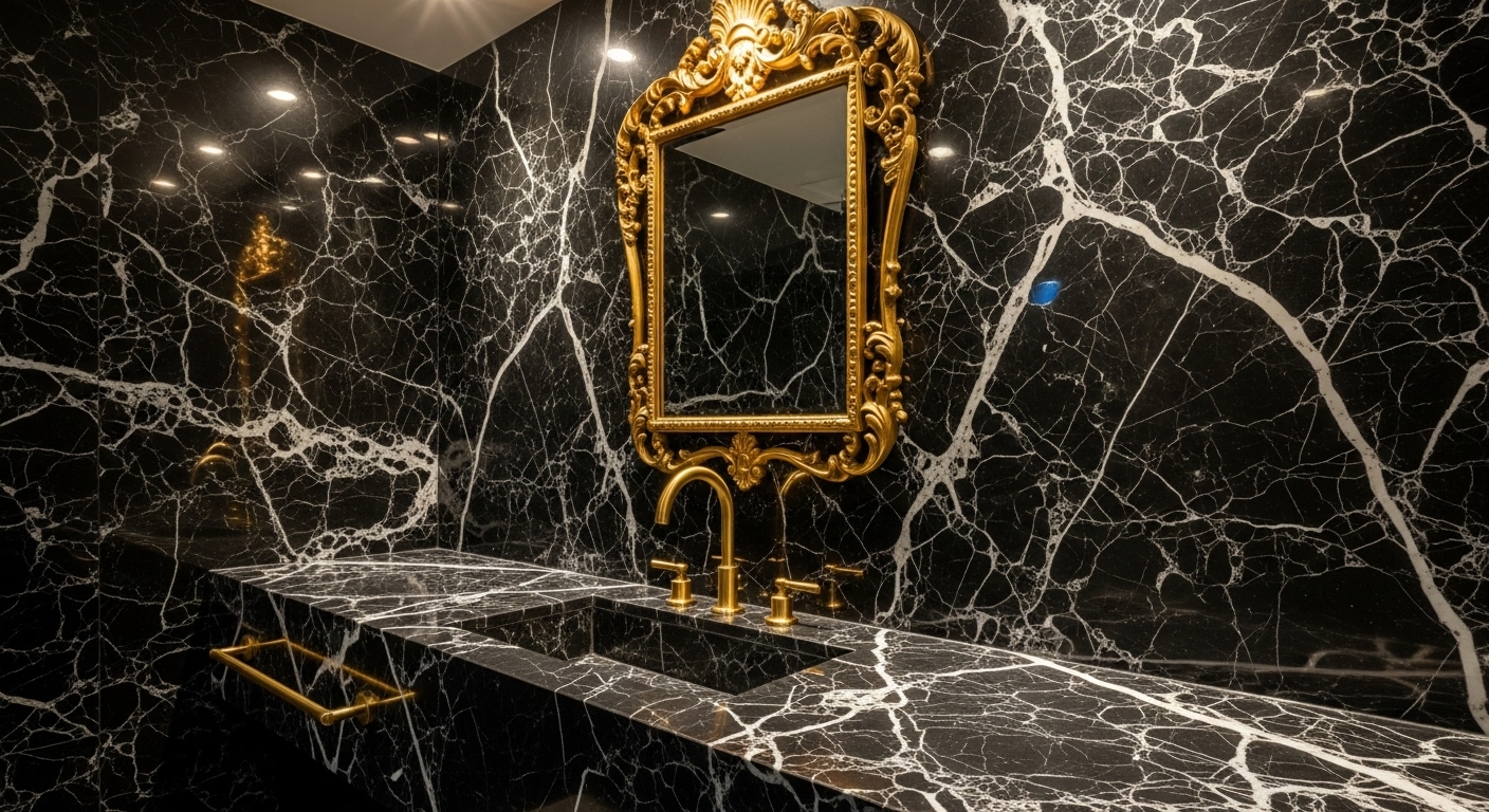 A small mirror looks lost above a large, modern bathroom vanity.