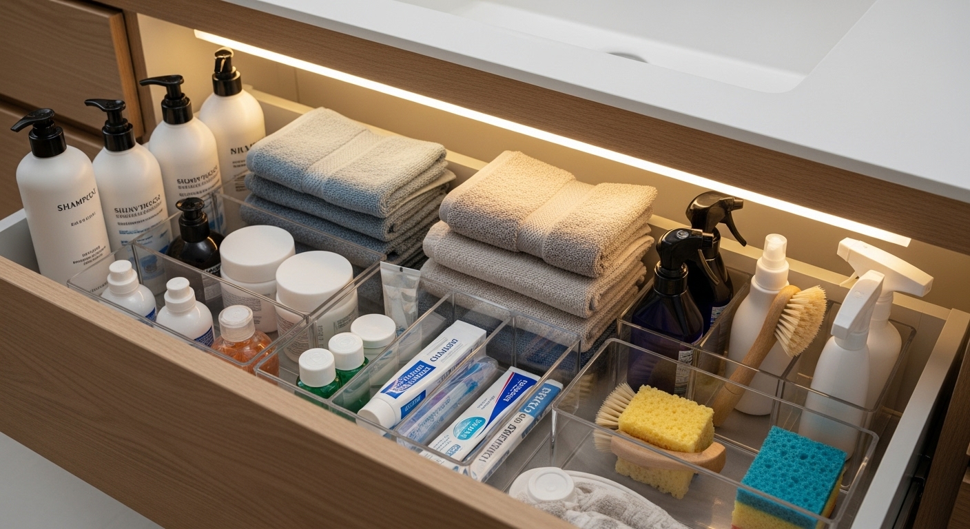 An open deep vanity drawer filled with neatly organized bathroom essentials.