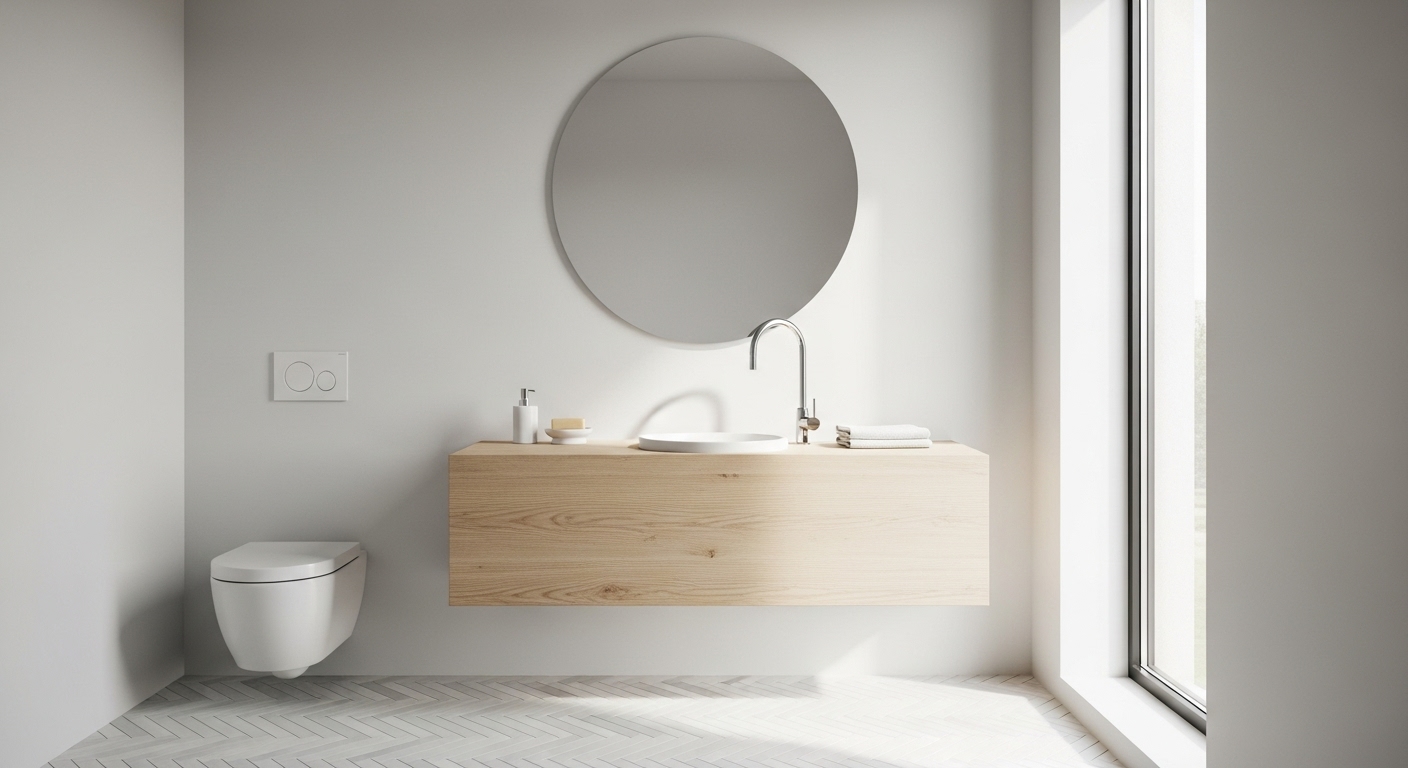 A modern floating wall-mounted vanity creating an illusion of space in a small bathroom.