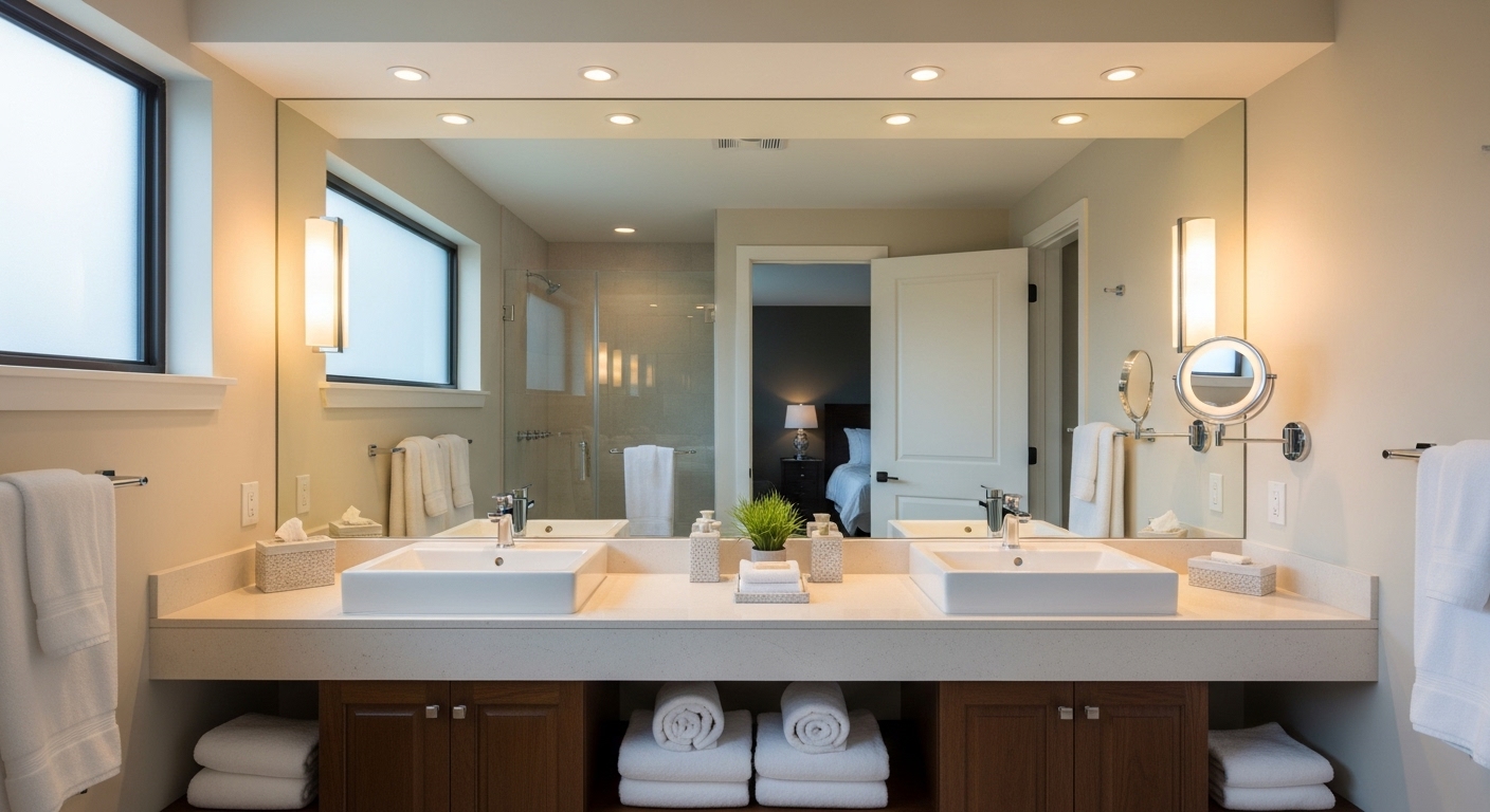 A luxurious double vanity in a spacious master bathroom with elegant fixtures.