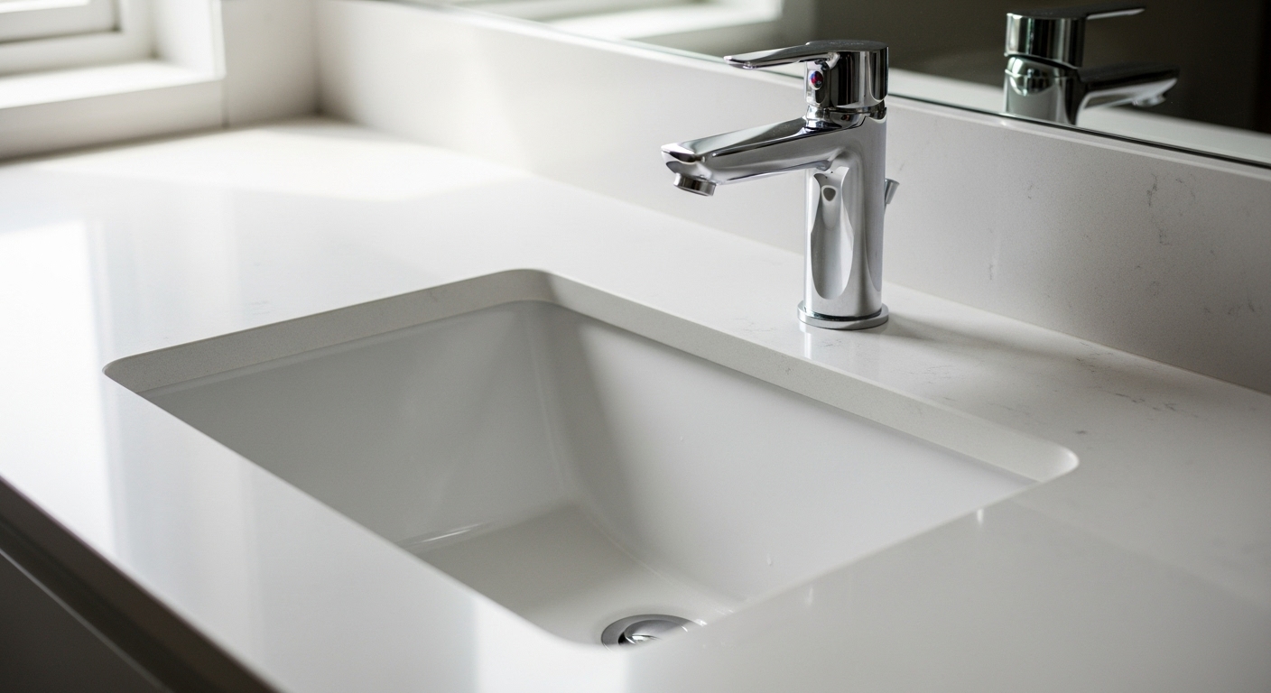 Close-up of an undermount sink in a standard depth vanity with ample faucet space.
