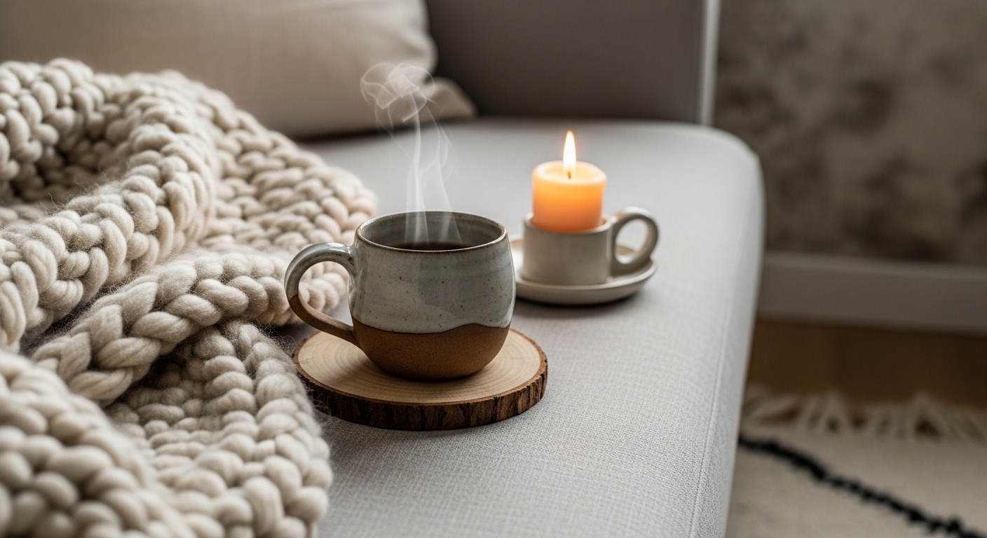 Cozy Japandi detail: wool throw, clay mug, and lit candle.
